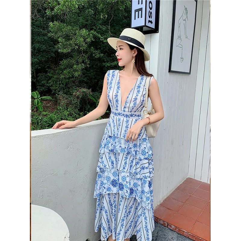 

Summer Midi Dress for Women 2021 New French Style Deep V-neck French Dress Temperament Slimming Tiered-Ruffle Long Dresses