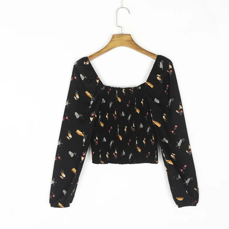 

Summer women's casual print square neck long sleeve slim shirt