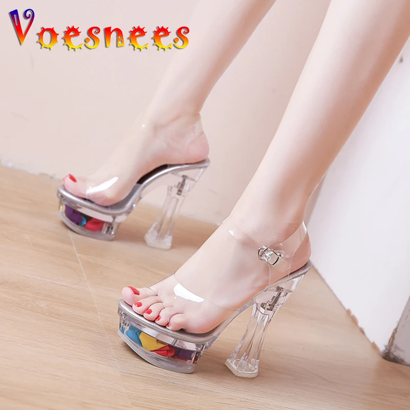 Сандалии женские на платформе 14 см прозрачные босоножки толстом каблуке со