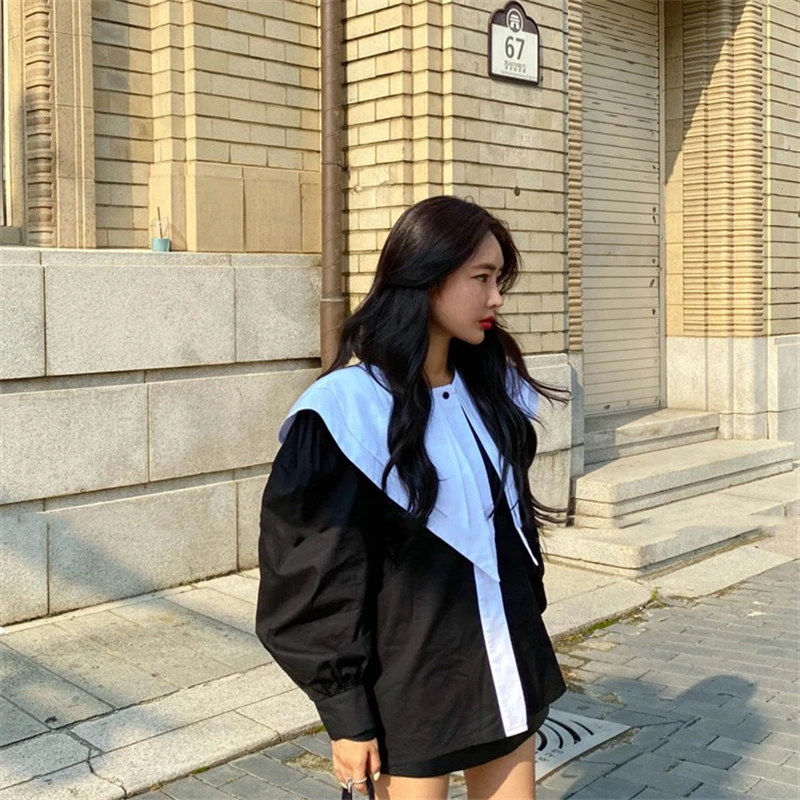

Hit Color Loose Blouse Women Tops Autumn Kawaii New Casual Big Sailor Collar Puff Sleeve Black Shirts Female OL Style Shirt 2020