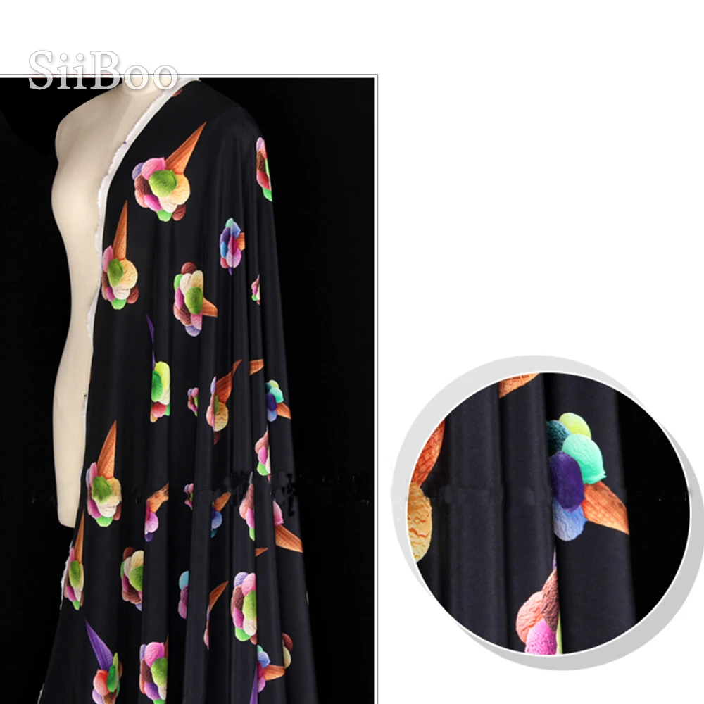 Черно белая ткань из 100% шелка с принтом мороженого для платья рубашки