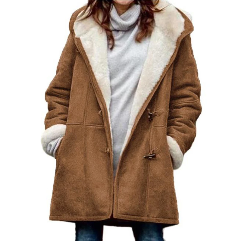 

2021 Women's Winter Warm Coats Long Sleeve Horn Buckle Plush Jacket Pocket Plush Hooded Coats Thick Plush Hooded Outwear Jacket
