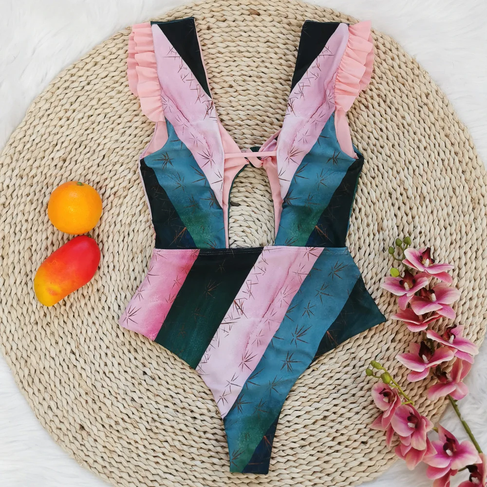 

New gradient stripe 2021 one piece lace swimsuit women's backless