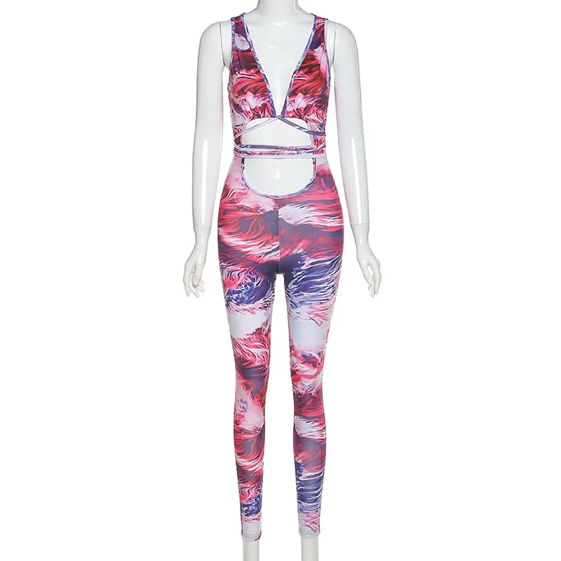 Пикантный Облегающий комбинезон на завязках с принтом и вырезами Женский