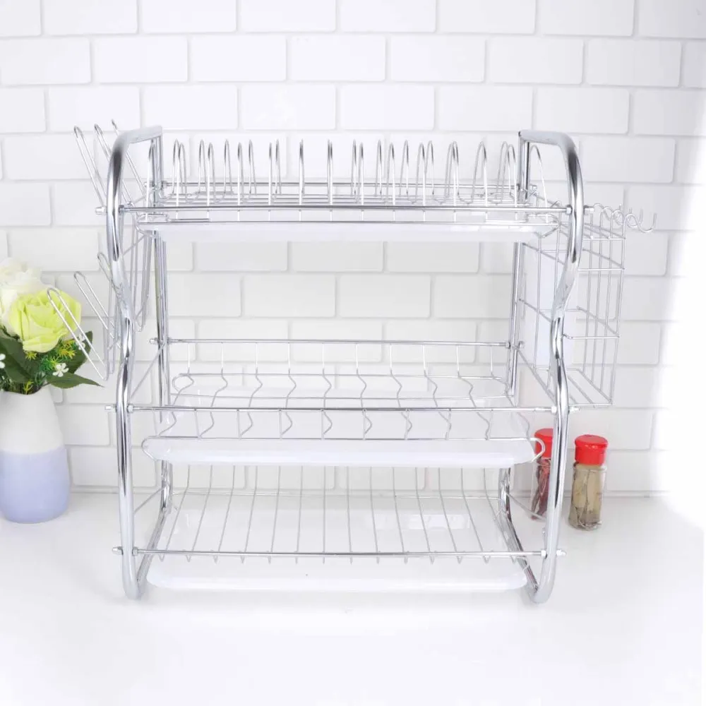 

3 Layer Dish Drainer Iron Art Kitchen Cutlery Drain Rack Utensils Storage Organizer Rustproof Dishes Plates Organization Shelf (