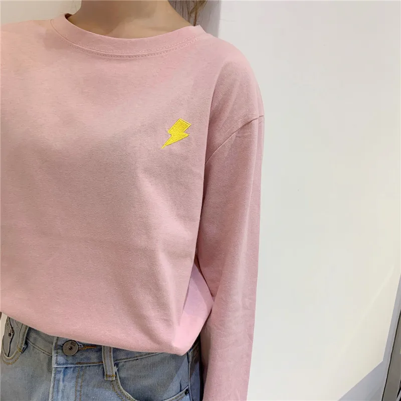 Harajuku Vintage t shirt Ulzzang Girlfriends kawaii rainbow stripe t-Shirts autumn Women Casual Loose long Sleeve pink Top Femme