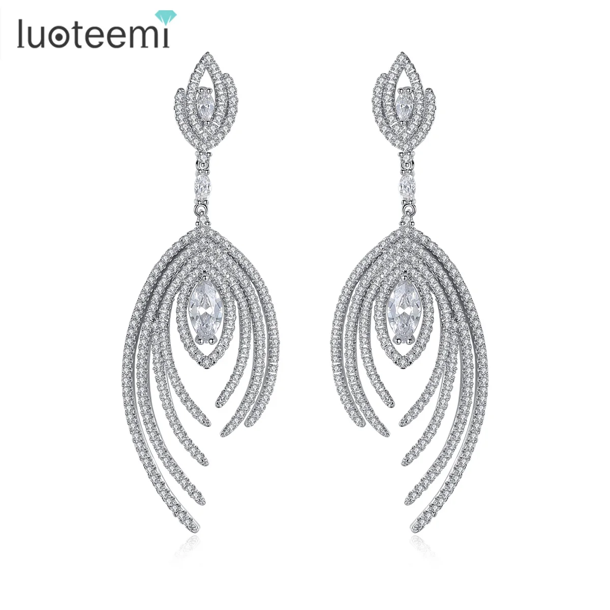 

LUOTEEMI Luxury New Fashion Brilliant Elegand Zircon Micro Paved Big Dangle Earrings for Women Fashion White Gold-Color Jewelry