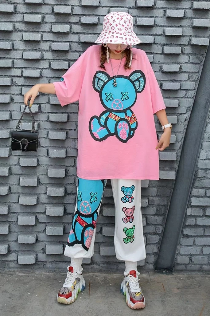 

European Style Fashion Beads Tee Cartoon Printed Short Sleeves T-shirt Female Loose Elegant Suit Harem Pants Two-Piece Set