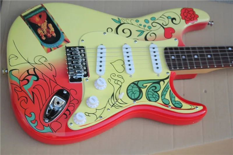 

Бесплатная доставка, Заводская изготовленная на заказ красная и желтая электрическая гитара с корпусом с цветочным узором, хромированная ф...