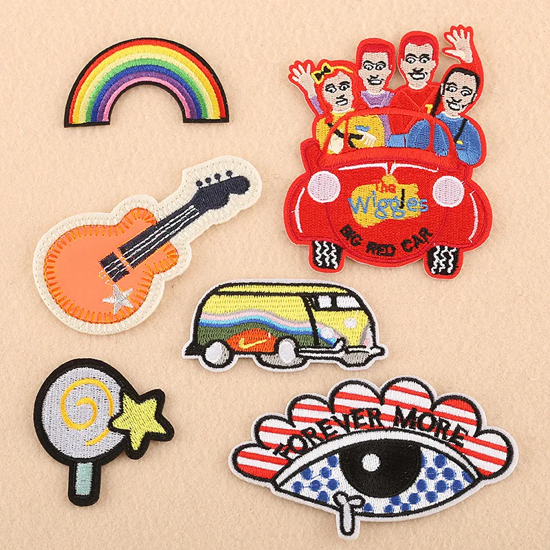 

50pcs/Lot Embroidery Patches Letters Clothing Decoration Accessories Rainbow Guitar Character Diy Iron Heat Transfer Applique