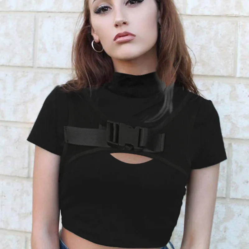 Y Demo Techwear черная футболка женская открытая Пряжка короткий рукав стойка воротник