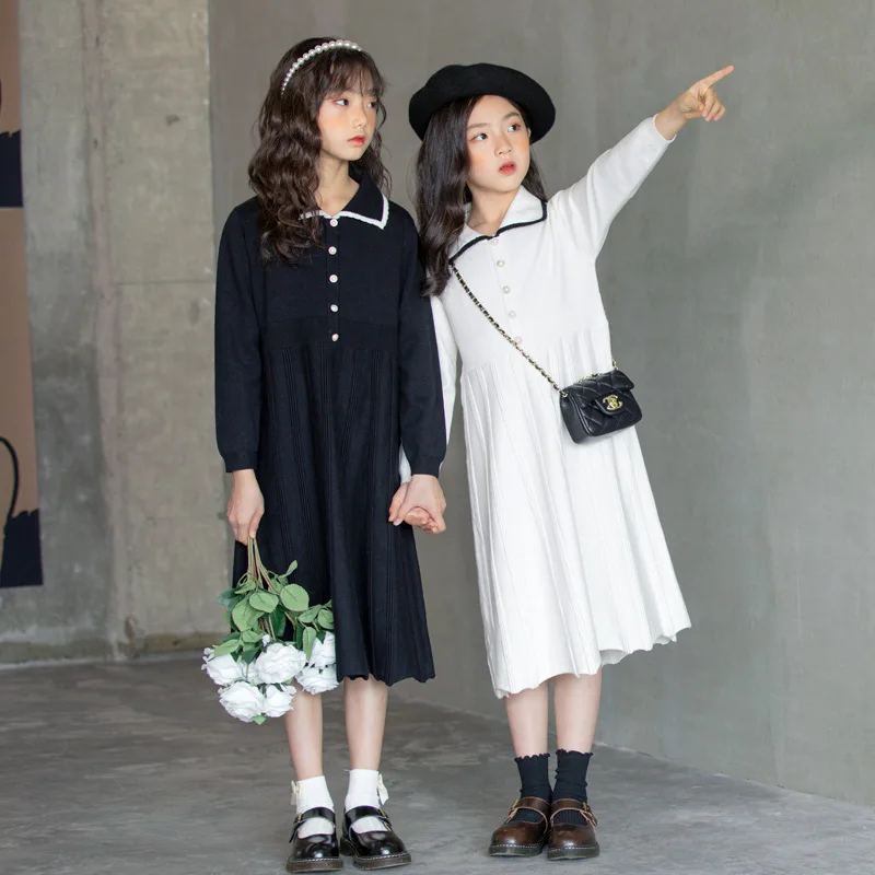 Платья для девочек-подростков Осенне-зимняя детская одежда Черно-белый школьный