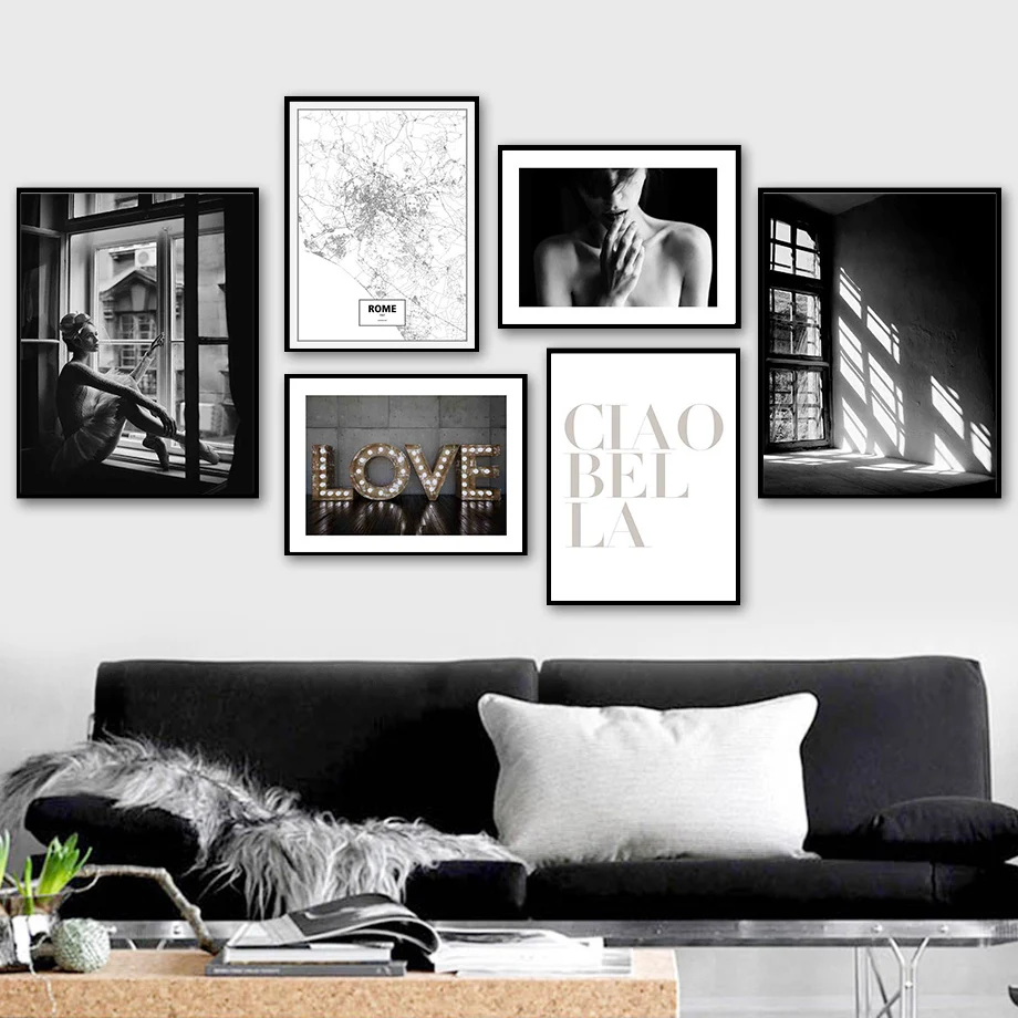 

Black White Map Woman Door Window Quote Wall Art Canvas Painting Nordic Posters And Prints Wall Pictures For Living Room Decor