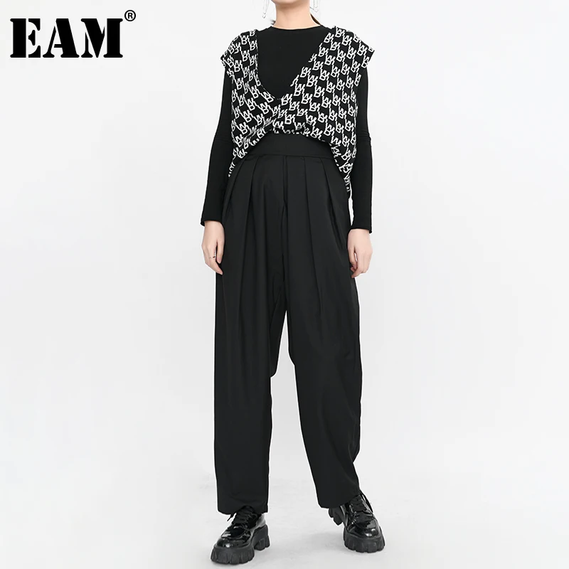 

[EAM] High Waist Black Brief Pleated Long Wide Leg Trousers New Loose Fit Pants Women Fashion Tide Spring Autumn 2021 1S39901
