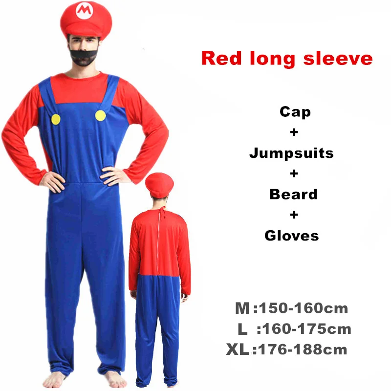 Red long sleeve Взрослый Хэллоуин Супер Марио Детский костюм косплей семья Funy Luigi Bros сантехник Пурим костюм нарядное платье Рождественские Вечерние - Цвет: Red long sleeve