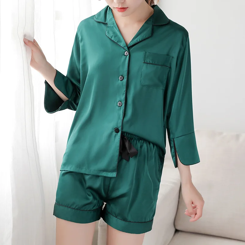 Casual Women Sleepwear 2PCS Pajamas Set Satin Shirt&ampShorts Silky Nightwear Kimono Bathrobe Gown Soft Intimate Lingerie Pijamas | Женская
