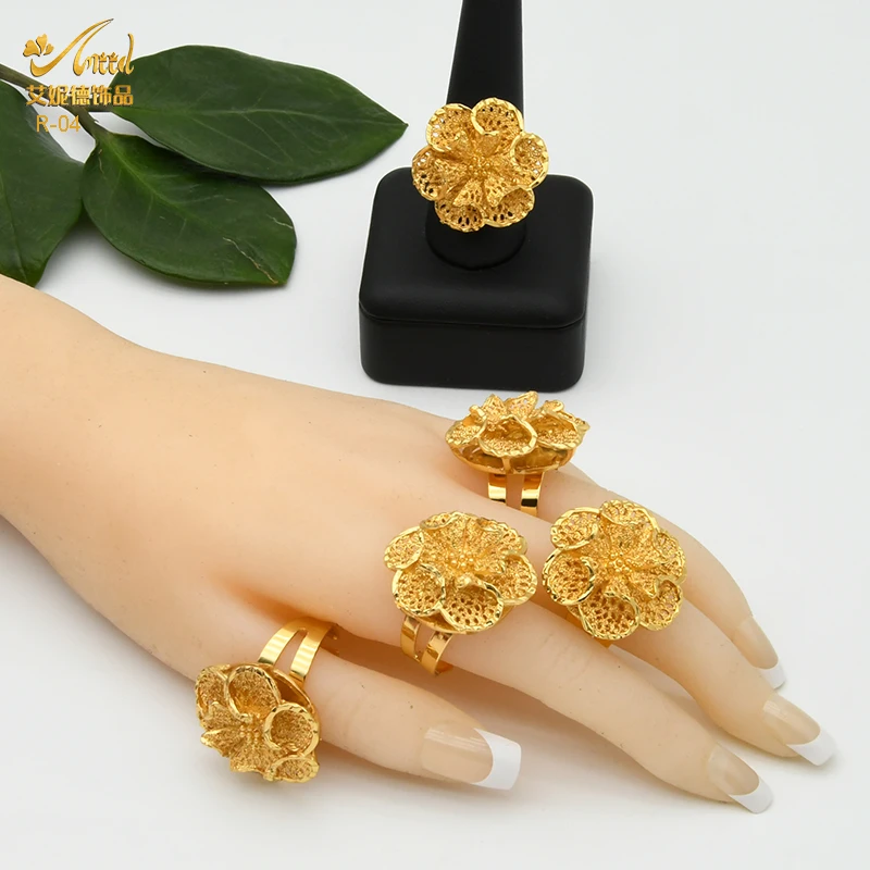 

Ethiopian 24K Gold Rings For Women Arab Nigeria Bridal Party Resizable Ring French Femme Wedding Flower Rings Luxury Wife Gifts