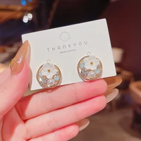 vintage rhinestone small white flower stud earrings for women fashion metal silver needle circle hoop earrings jewelry gift