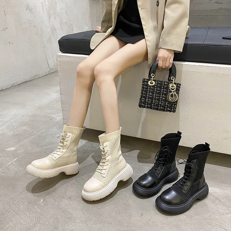 

Martin Women's Boots In 2021, The New Korean Version Of Leather Single Boots, Thin Boots, Thick-soled Women's Boots, Flying Sock