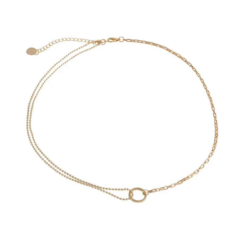 

TIMEONLY Temperament Mix Beading Chain Choker Necklace Circle Metal Gold Color Hollow Link Necklaces for Women Jewelry Gifts