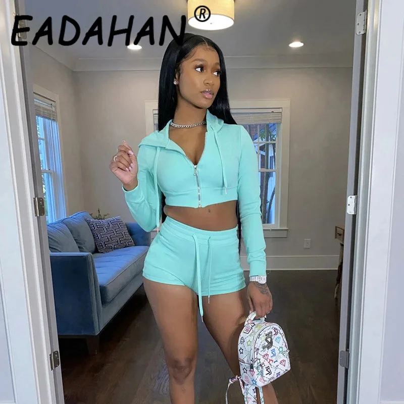 

Eadahan 2021 Sexy Basic Sweater Hooded Zipper Cardigan Shorts Suit Women Autumn and Winter Fashion Sexy Navel Sporty