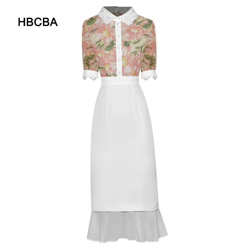

HBCBA Beaded Embroidery Lapel Short Sleeve Print Stitching Waist Bag Hip Princess Dress 2021 Summer New