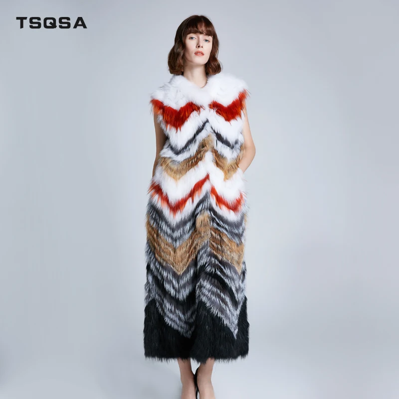 TSQSA 2019 новый стиль женское пальто из натурального Лисьего меха натуральный
