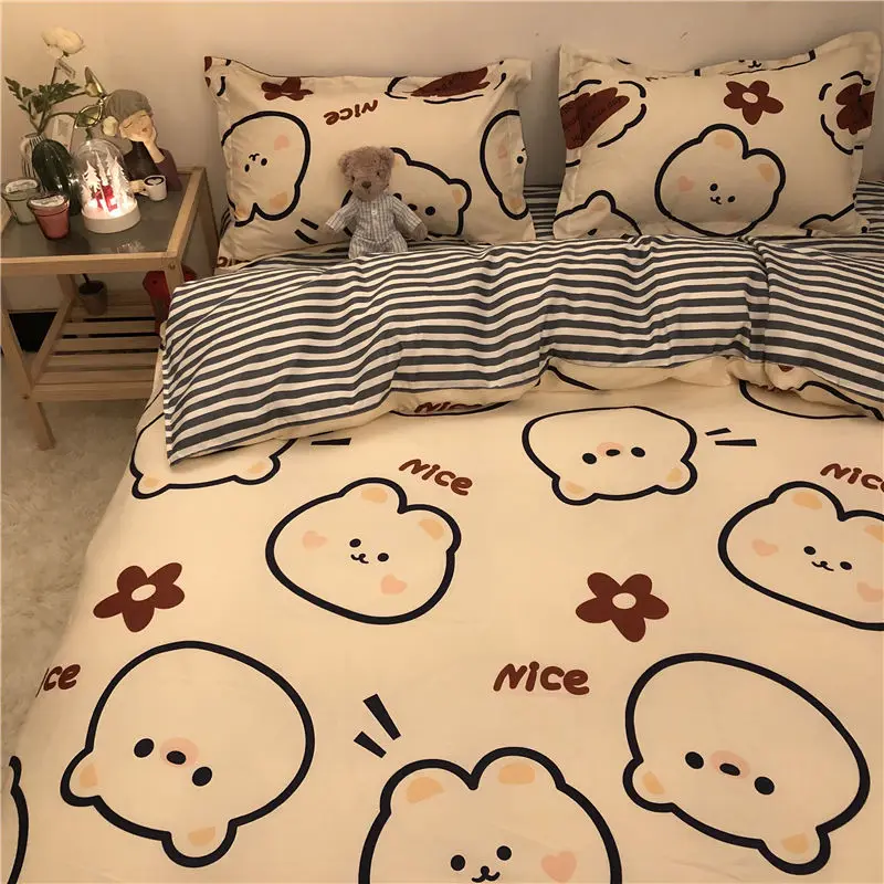 

Boys Girls Bedding Set Fashion Flat Sheets Adult Children Bed Linen Duvet Quilt Cover Pillowcase Cute Cartoon Bear Bedding