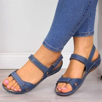 summer sandals new solid color fashion women sandals velcro casual shoes pu flat shoes women large size 43 front rear strap