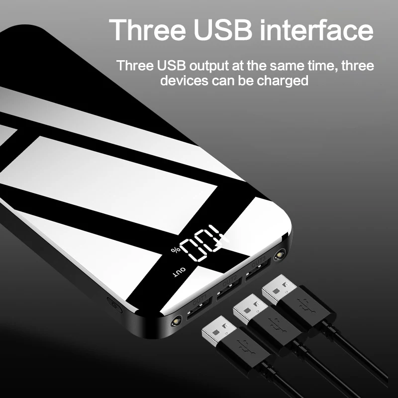 Портативный Power Bank 20000 мАч с 3 портами (стандарт выхода Powerbank со светодиодной