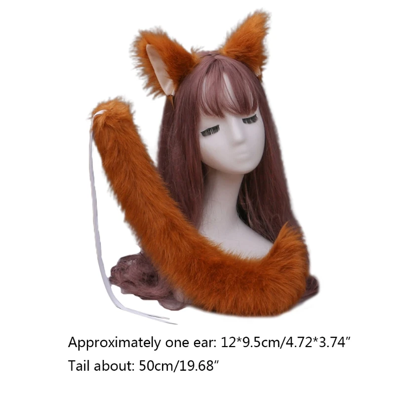 

Japanese Anime Cosplay Costume Set Solid Color Faux Fur Kitten Wolf Ears Headband with Plush Animal Long Tail Halloween M6CD