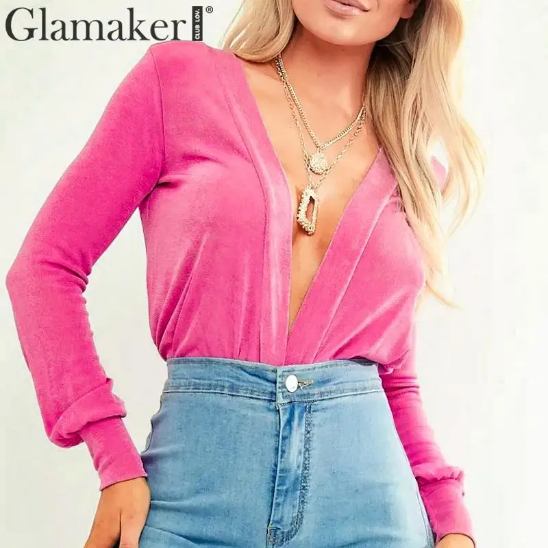Glamaker бархатная женская рубашка, блузка, топ, женские сексуальные рубашки с v-образным вырезом feminina, Женский Топ, корейская мода, блуза с длинными рукавами, рубашка