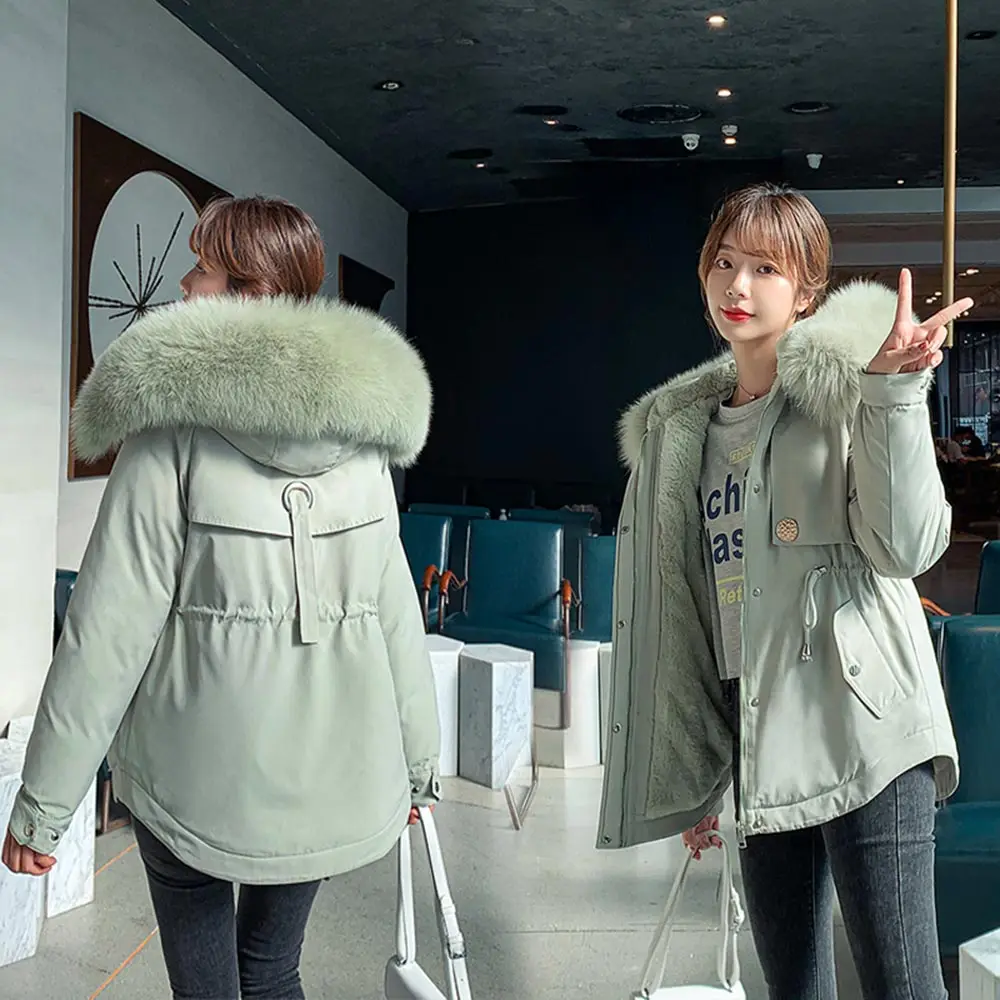 GRELLER Ladies Wool Liner Thicken Hooded Winter Parkas Women Slim With Big Fur Collar Outerwear Autumn Winter Jacket Women Coat