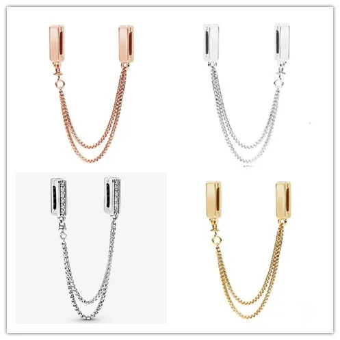 

925 Sterling Silver Baeds Reflexions Sparkling Safety Chain Clip Charm Fit pan Women Bracelet & Necklace Jewelry