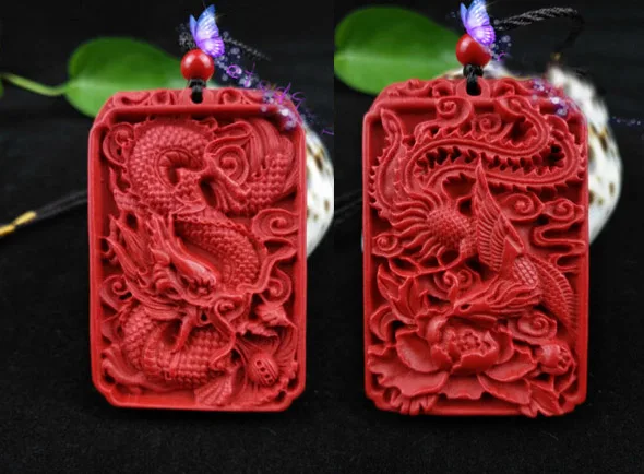 

Fashion Chinese Natural Red Organic Cinnabar Dragon Phoenix Pendant Lucky Amulet Hot