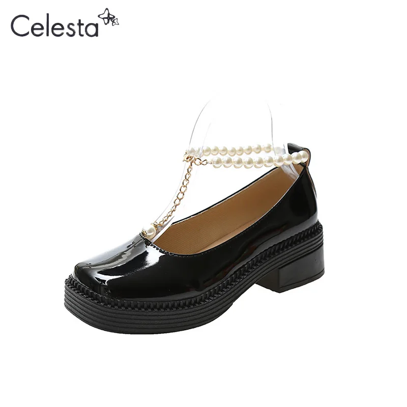 

Celesta Summer High Heels Pearl Slippers Sandals Women Thick Heel Flat Toe Slippers Loafers Women 3Cm
