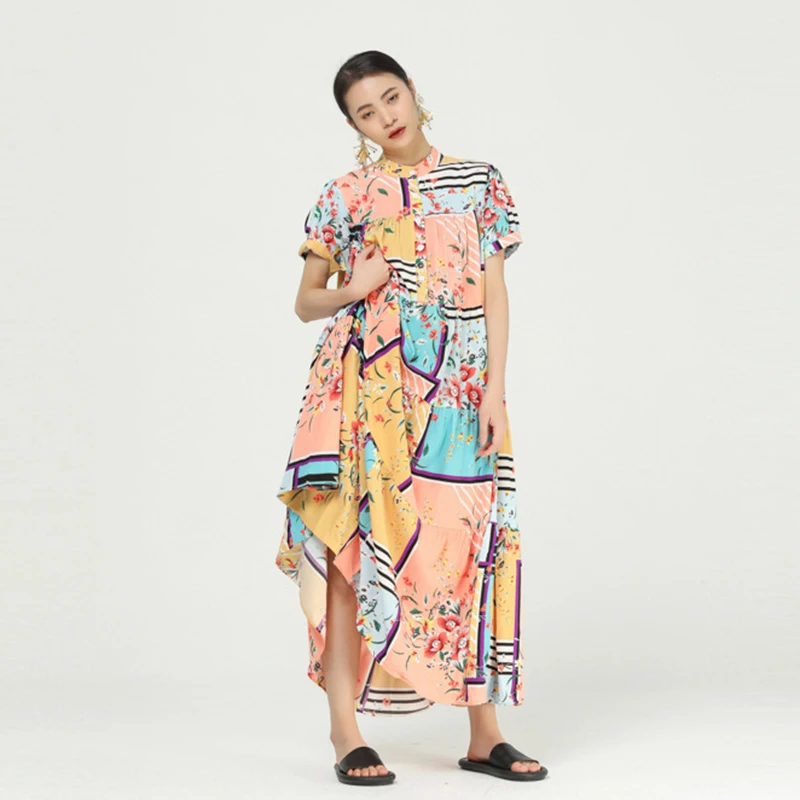 

CHICEVER Print Dress For Women Stand Collar Short Sleeve Ankle Length Loose Patchwork Dresses Female Clothes 2021 Summer Fashion