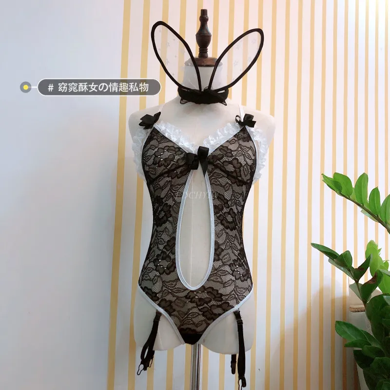 

New Temptation Sexy Uniform Bunny Pajamas Home Set Sexy Costumes Bow Tie Rabbit Sexy Halloween Costumes Lace Lingerie Bodysuit
