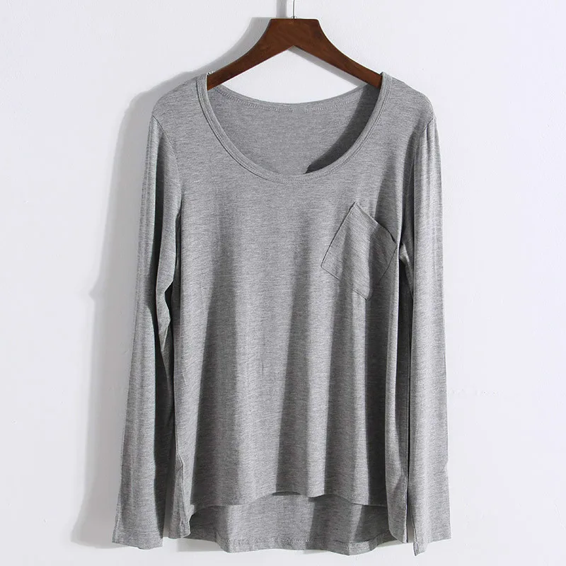 Модальный длинный рукав с круглым вырезом Однотонная футболка Весна Лето Новое