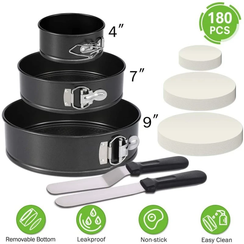 

3 упаковки, 4/7/9 дюйма, антипригарные герметичные круглые кексы для торта, пружинная форма, набор противней с лопаткой и пергаментными бумажн...