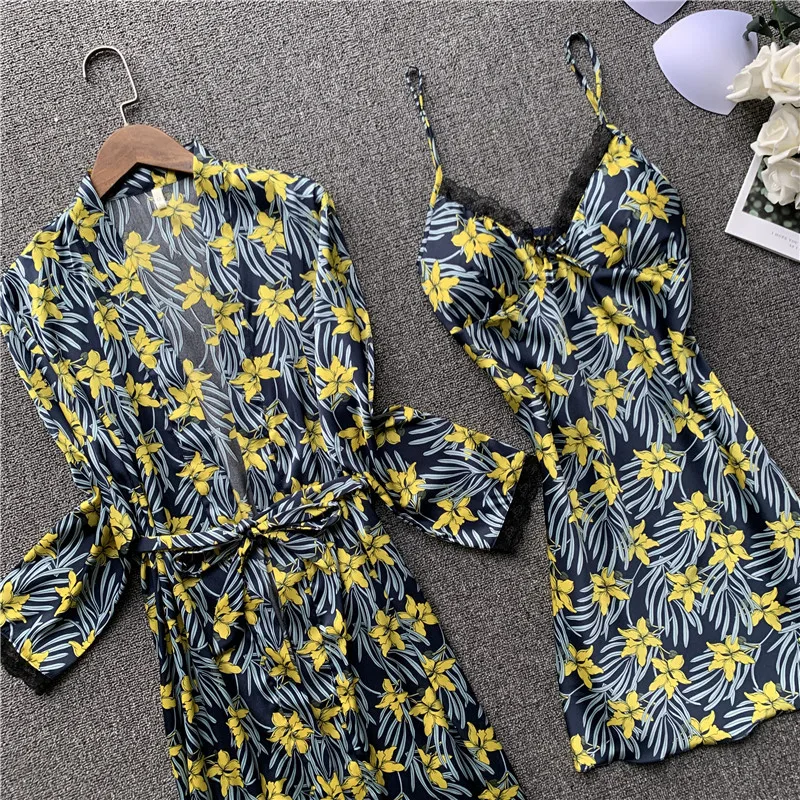Women Satin Sexy Pajamas Sets Ladies Nightgown Print Two-pieces Silk Sleepwear Robe+Nightdress Lounge Pijama | Женская одежда