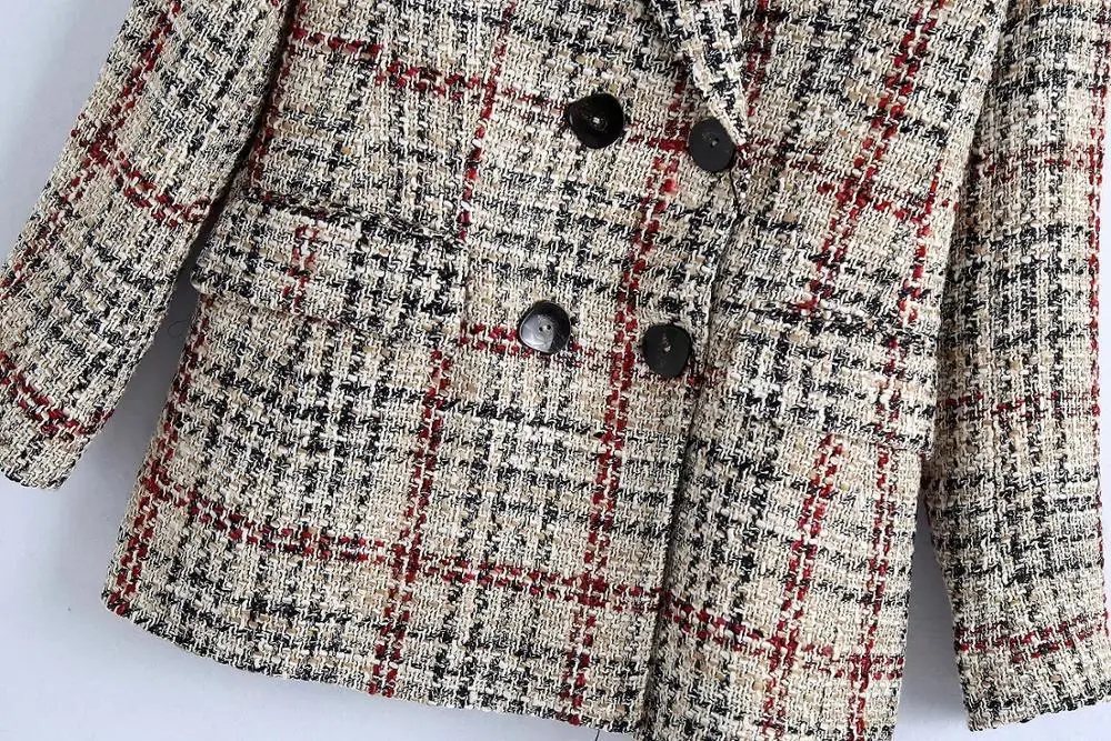 

pronounced shoulders double-breasted button Blazer women 2020 Fashion textured check blazer lapel collar long sleeves