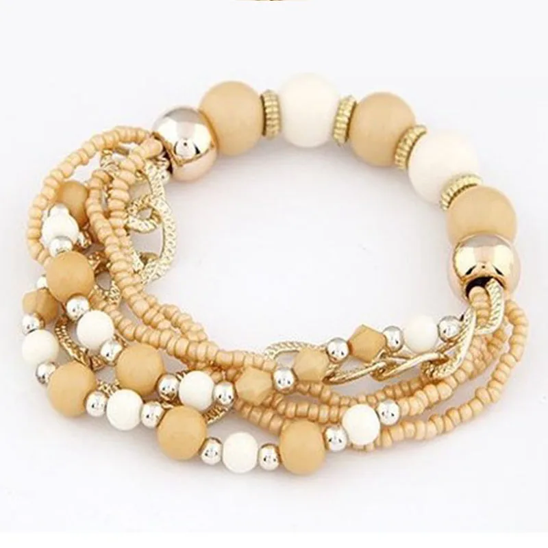 

European and American Bohemian style color blue rice bead bracelet for women mix and match metal chain beads fashion multi-layer