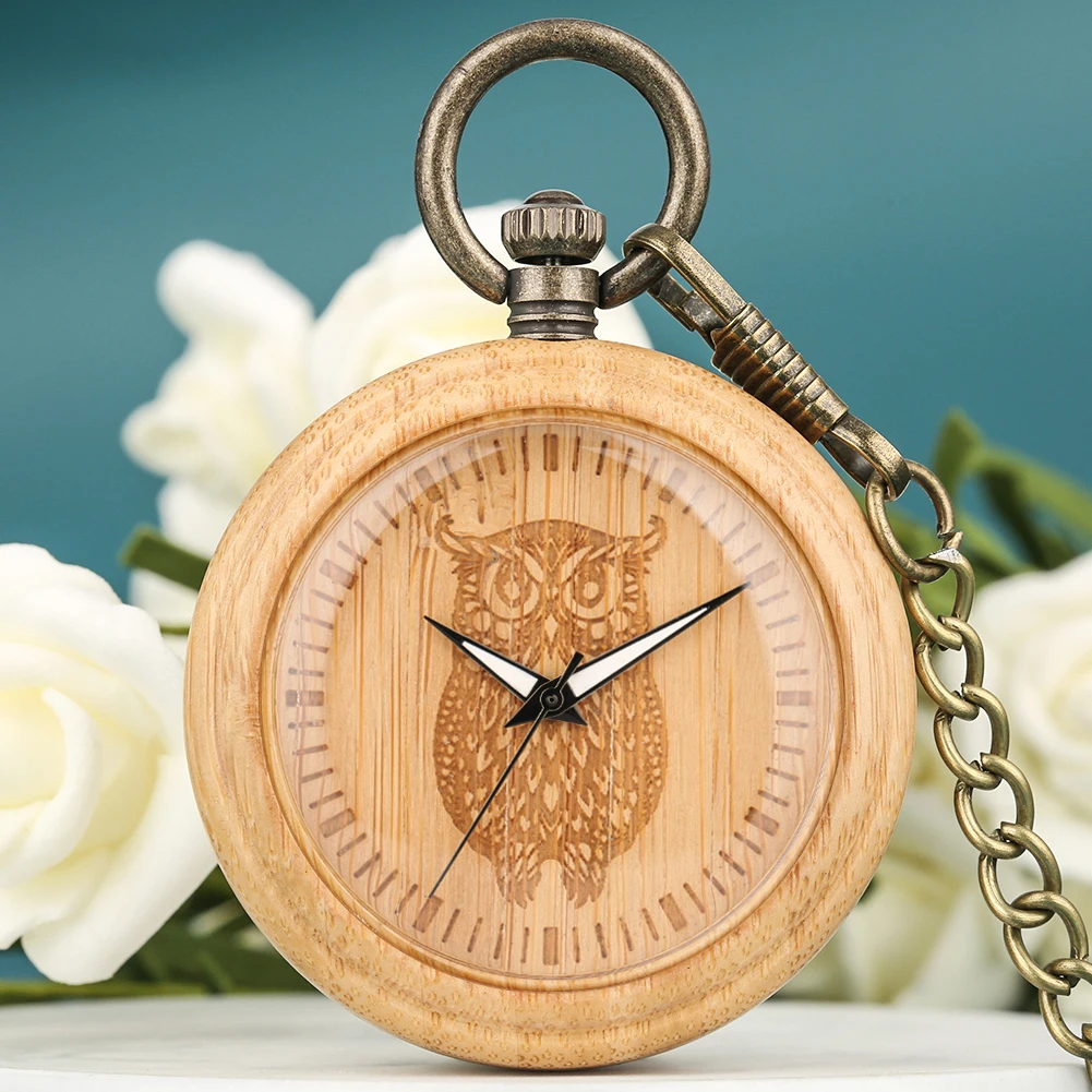 Owl Watch Bamboo Pocket Watches Special Carved Wooden Dial Vintage Bronze Rough Chain Necklace Pendant Clock Men Women practical white dial bronze tone night owl shape keyring watch