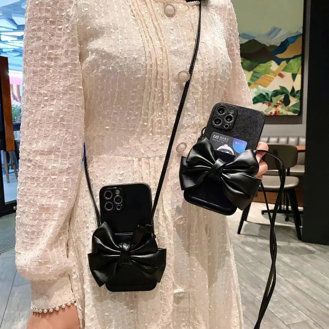 

For iPhone13ProMax Luxury Card One Shoulder Lanyard Bowknot Black Leather Girl Phone Case Apple 11 12 IX XR XsMax 7 8 Plus Cover