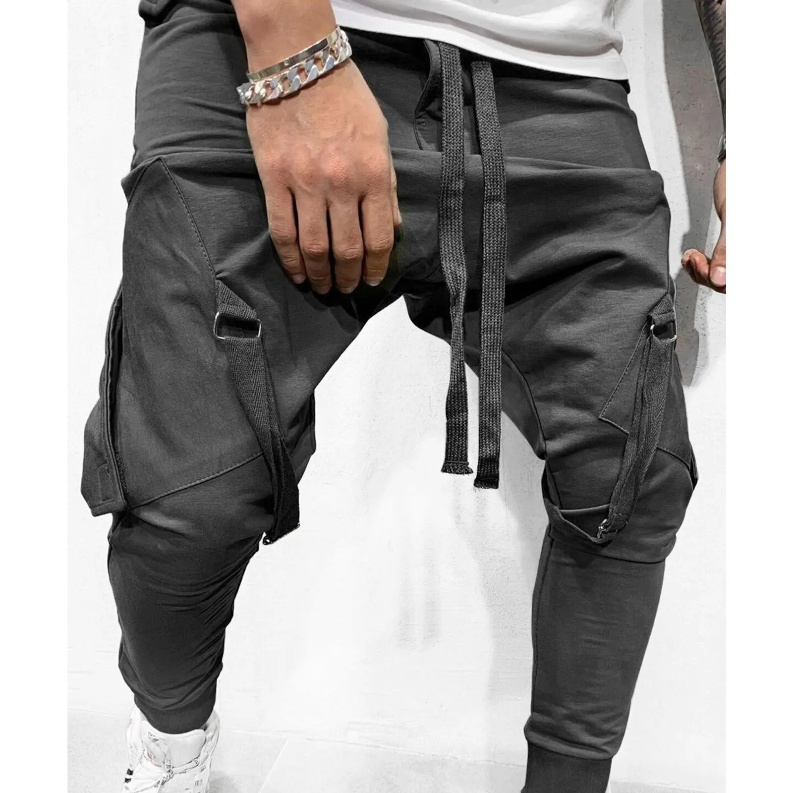 

Весенне-осенние новые модные мужские спортивные брюки, однотонные спортивные брюки с высокой талией, брюки с завязками на щиколотке