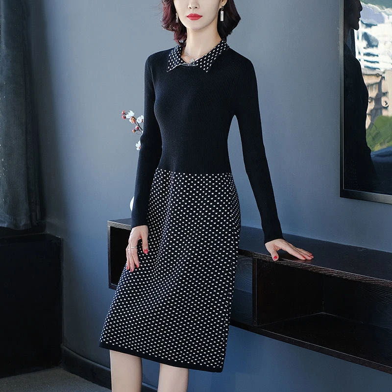 

Woman Wool Pullover Sweater Dress Autumn Winter New Mid-Long Long Sleeve Lapel Slim Pullover Dress Knit Large Size 4xl Women