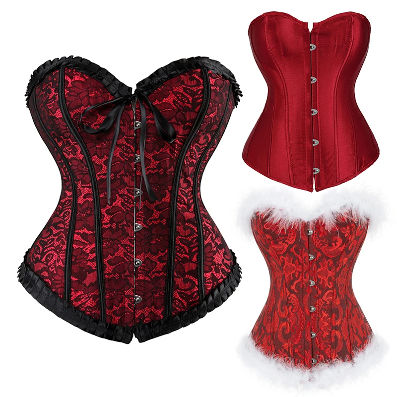 

Женский Регулируемый корсет с белыми перьями, Красный винтажный Викторианский корсет-бюстье на шнуровке