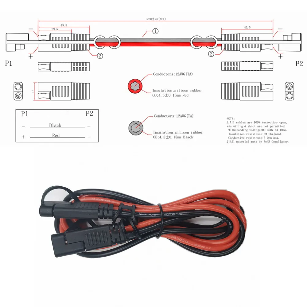 

4ft 12AWG SAE Extension Cable 12V-24V Connector Motorcycle DC Battery Charging Cord for Bike Jump Starter Solar Panels Pump
