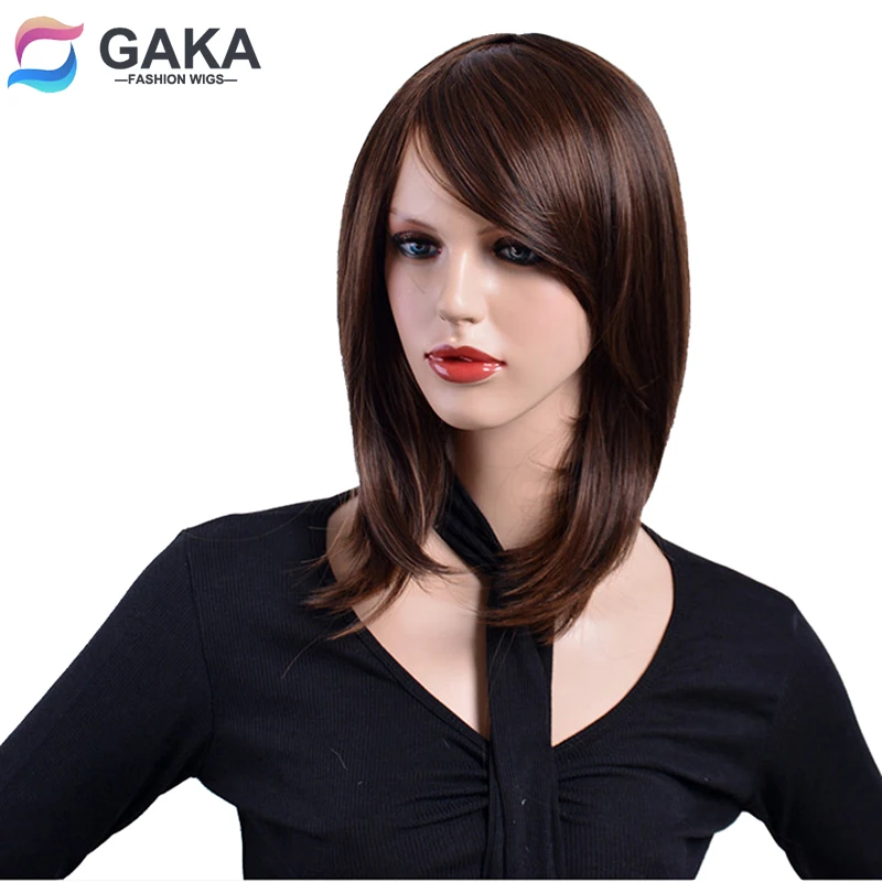 

GAKA Short Straight Brown Synthetic Wig for Women with Side Bangs High Temperature Soft Hair Silk Bulk Hair